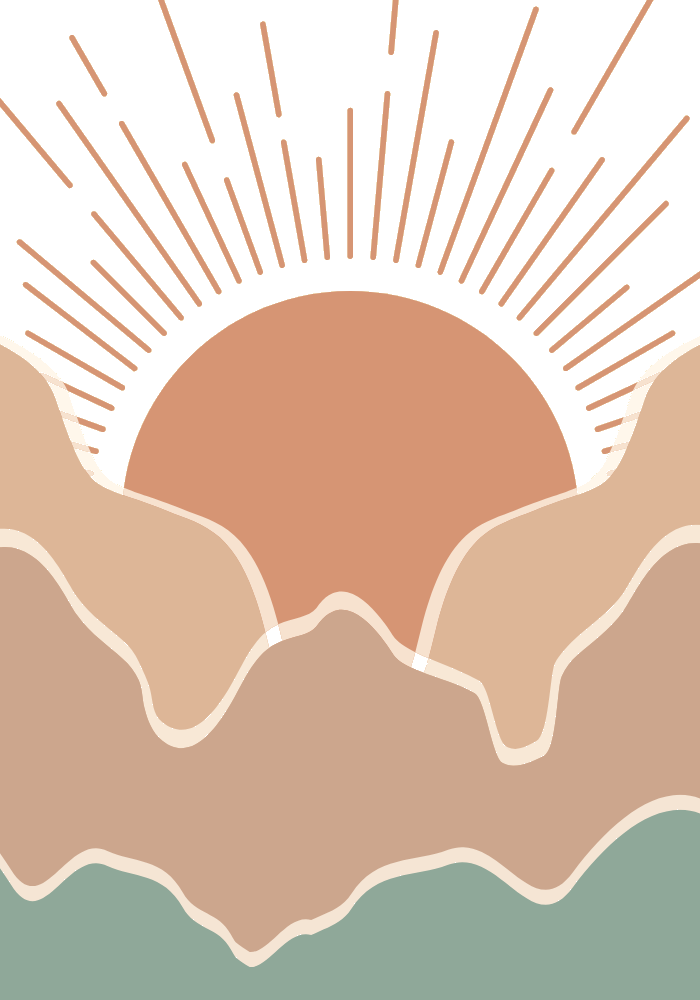 Illustration of the sun rising over layered mountains