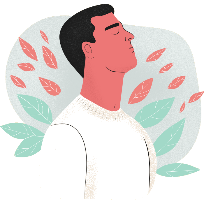 Illustration of a person breathing in fresh air among falling leaves