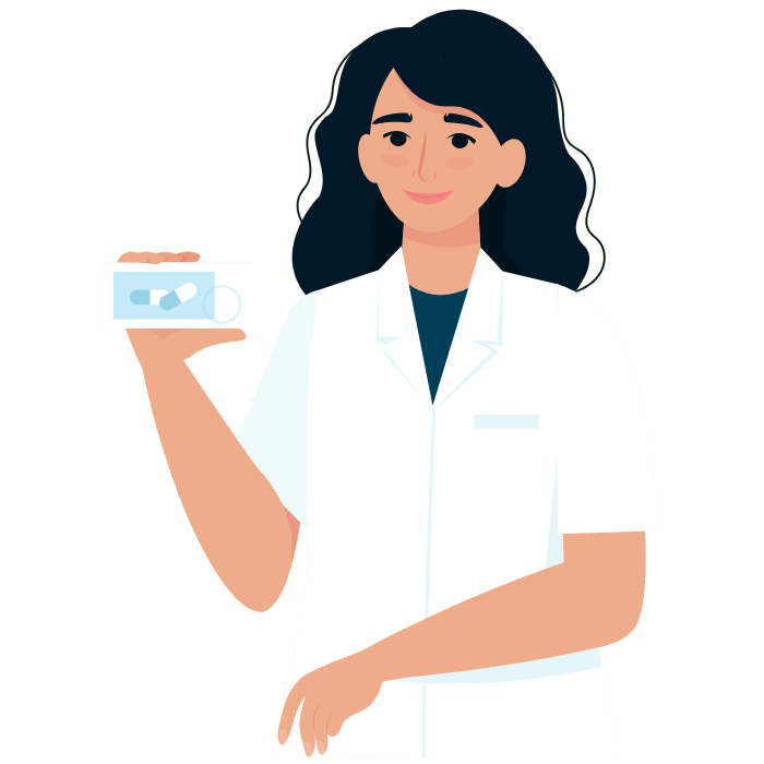 Illustration of a Summit Pharmacy pharmacist holding a packet of medication