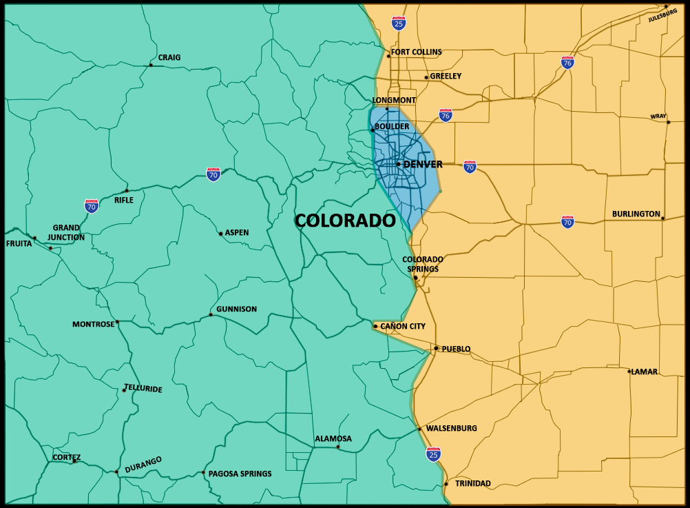 Colorado delivery timeframe map showing Denver and surrounding areas, non-mountain Colorado, and mountain Colorado.